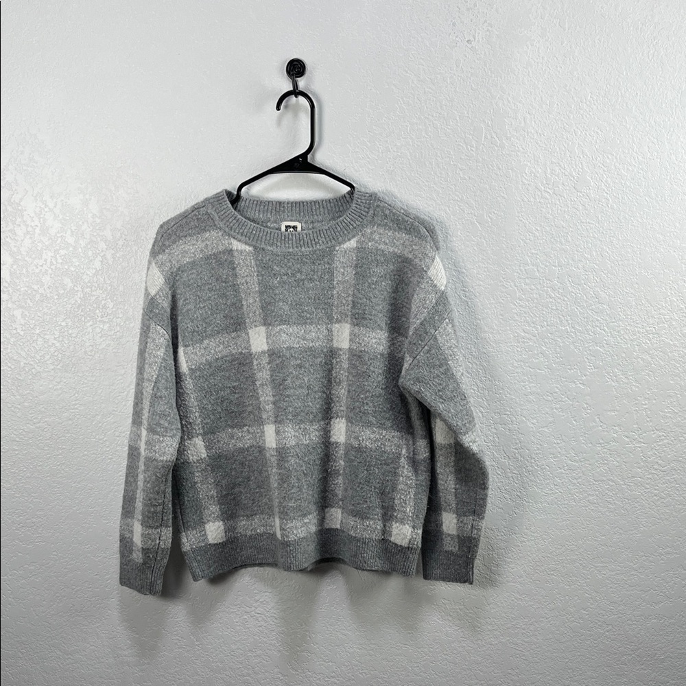 Anne Klein Gray Checkered Women's Sweater Long Sleeved Crew Neck Sz M Fall Chic